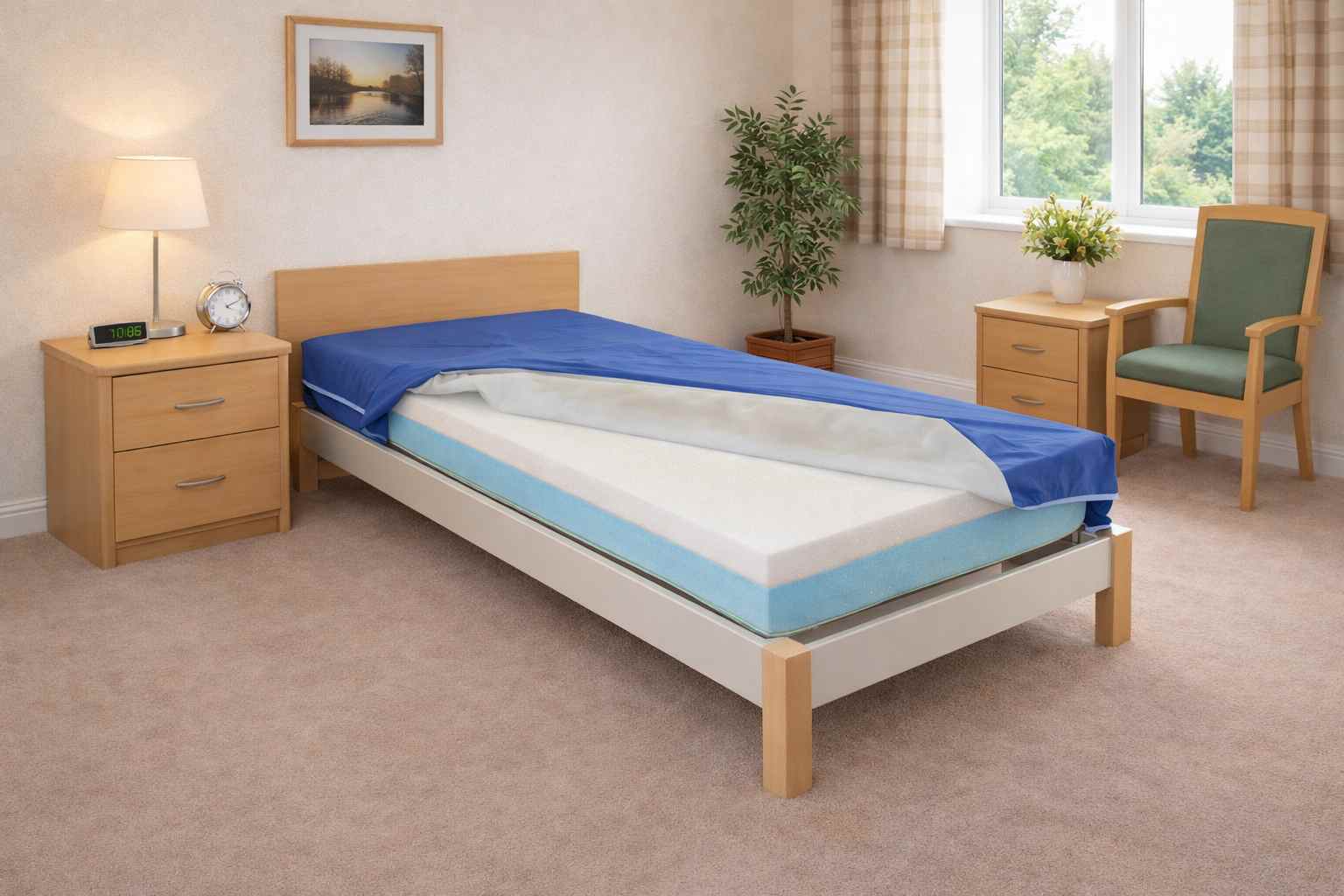 Ambiente dormitorio 1 con colchón geriatrico con visco funda abierta