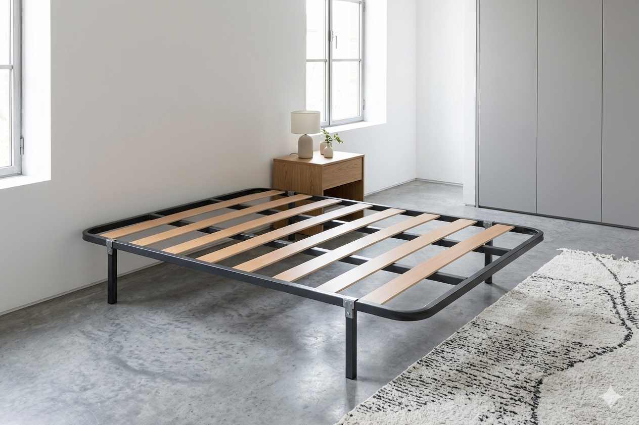 Ambiente dormitorio 2 con somier lamas madera chopo.