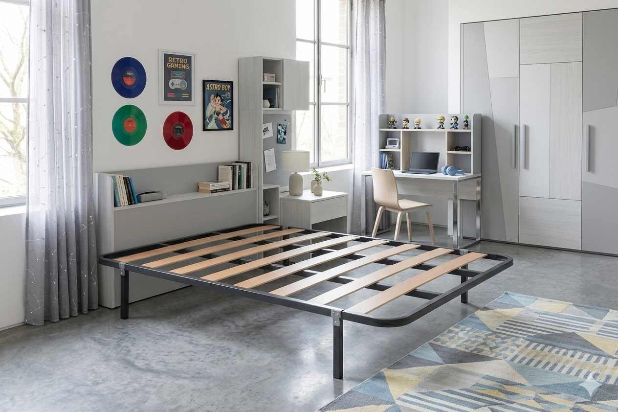 Ambiente dormitorio 3 con somier lamas madera chopo.